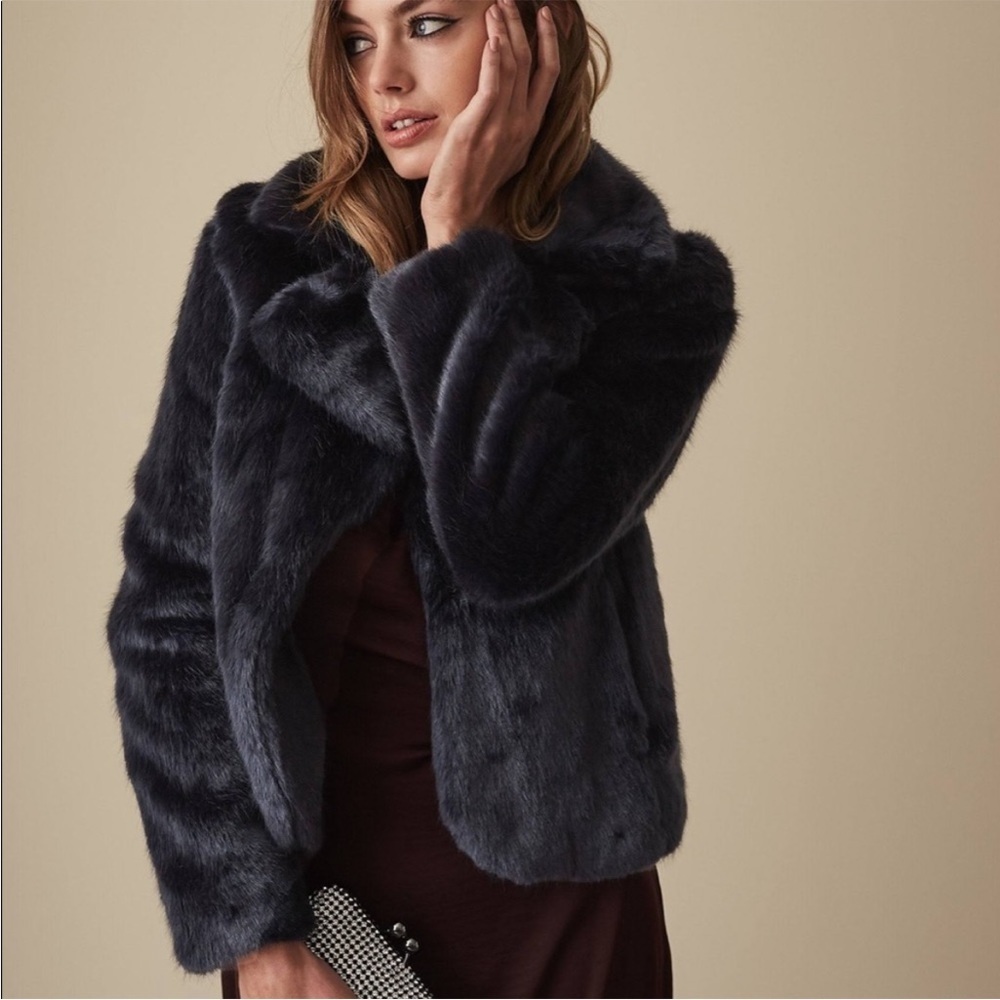 Reiss Premium Vegan Fur Navy Blue Luxury Jacket Size XS